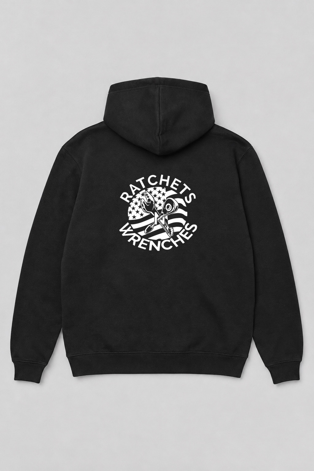 Back view of a black hoodie with a white Ratchets N Wrenches crossed-tools graphic