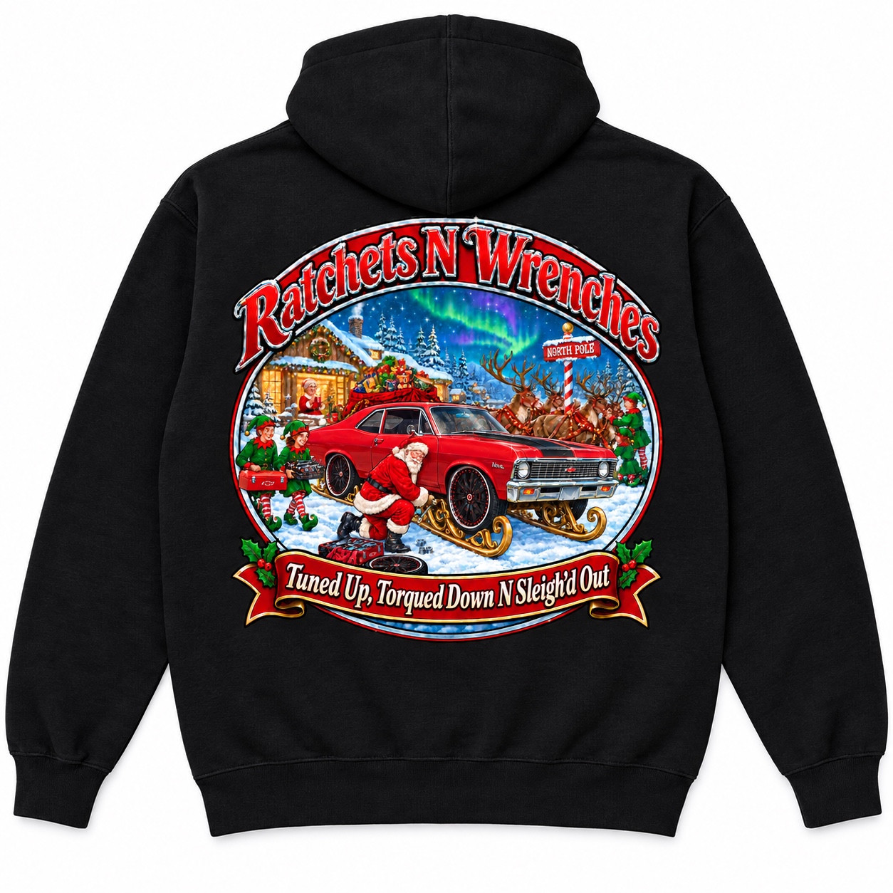 Back view of a black hoodie with a colorful Ratchets N Wrenches holiday classic-car design