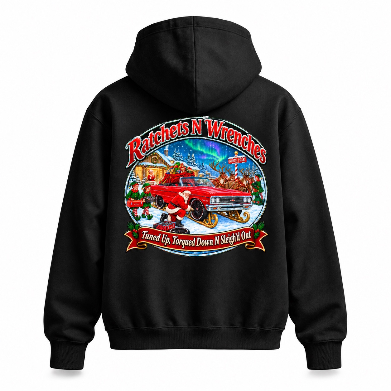 Back view of a black hoodie with a colorful Ratchets N Wrenches holiday convertible design