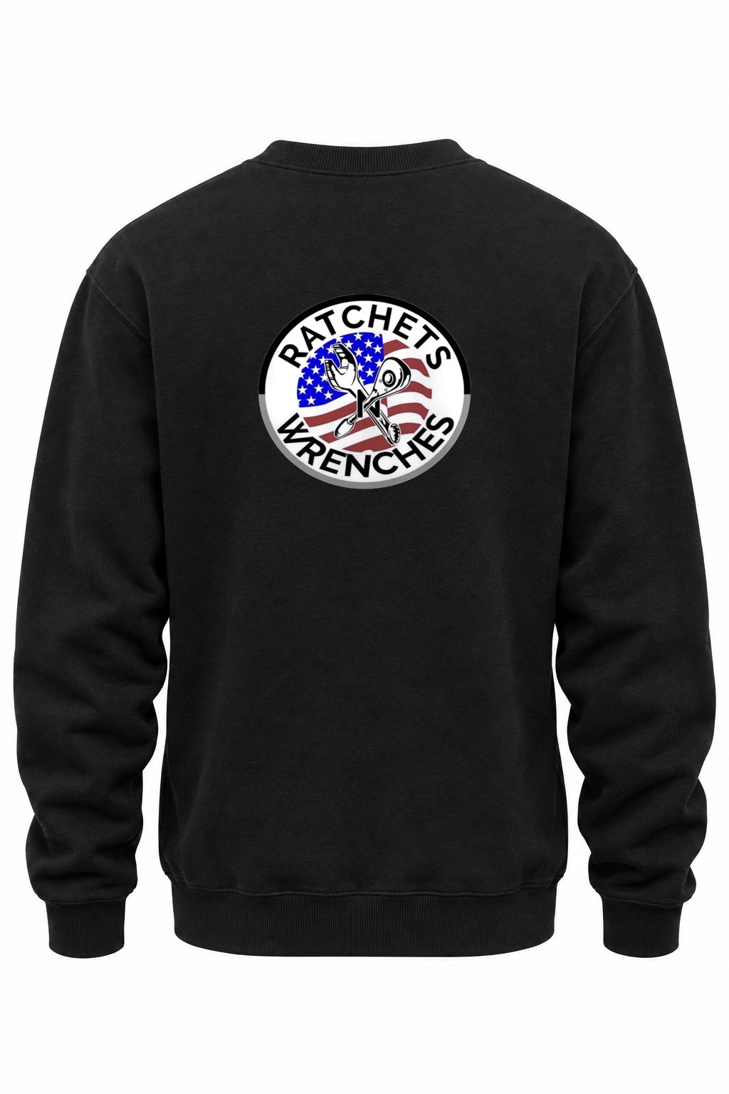Back view of a black crewneck sweatshirt with the round Ratchets N Wrenches American-flag and crossed-tools logo