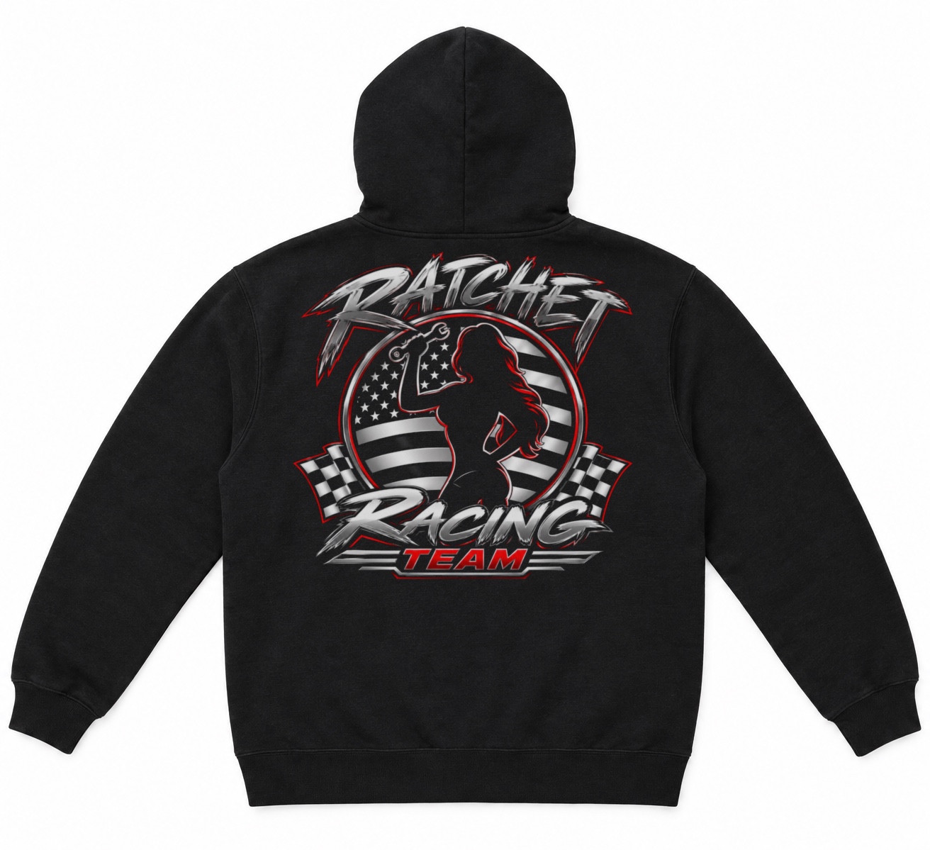 Back view of a black hoodie with a large red and white Ratchet Racing Team graphic